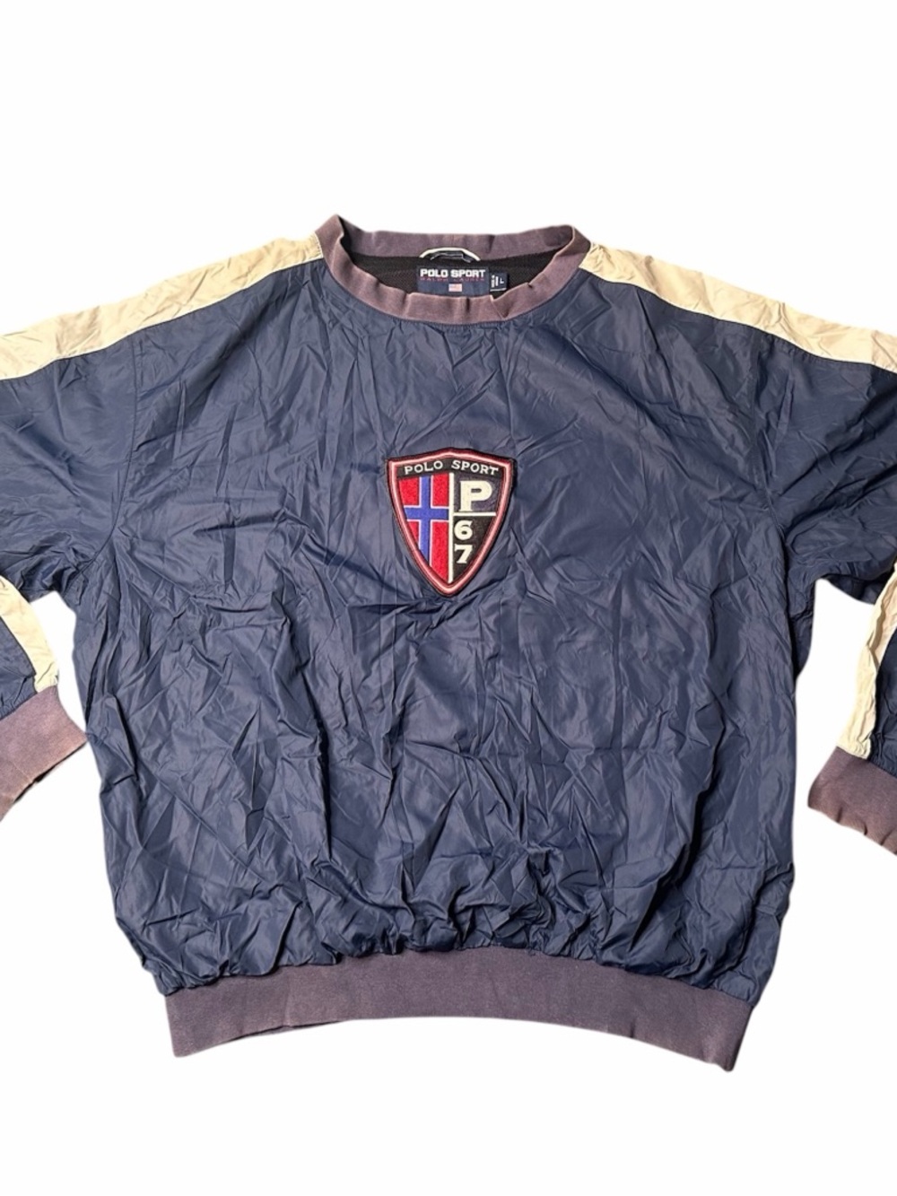 Vintage Polo Sport Navy Windbreaker Pullover with Cream Shoulder Panels